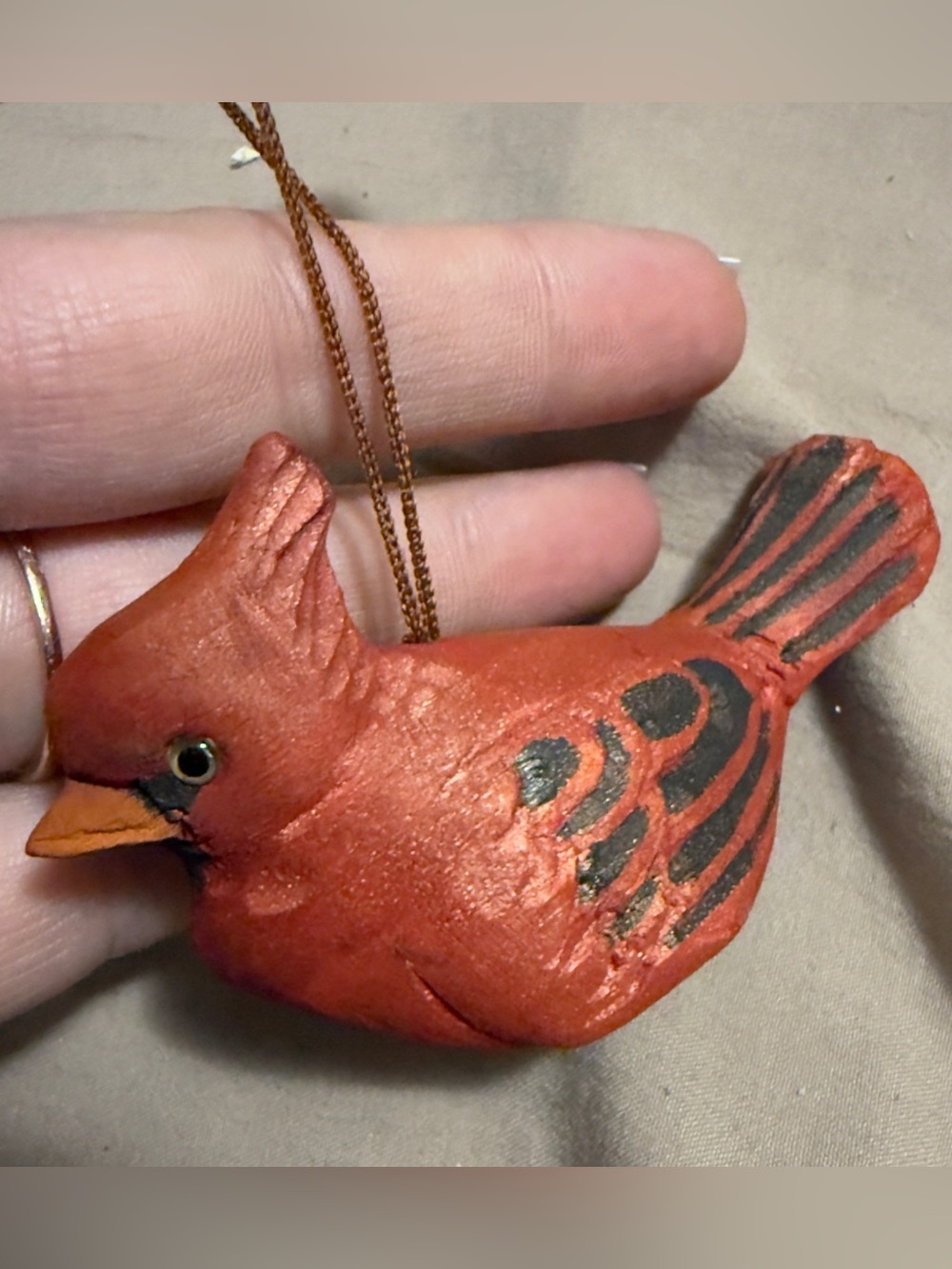 Small wooden Cardinal Bird Ornament Folk Red